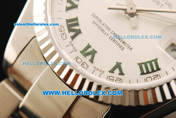 Rolex Datejust Automatic Movement Steel Case and Strap with White Dial and Green Roman Numerals-Lady Model - Click Image to Close